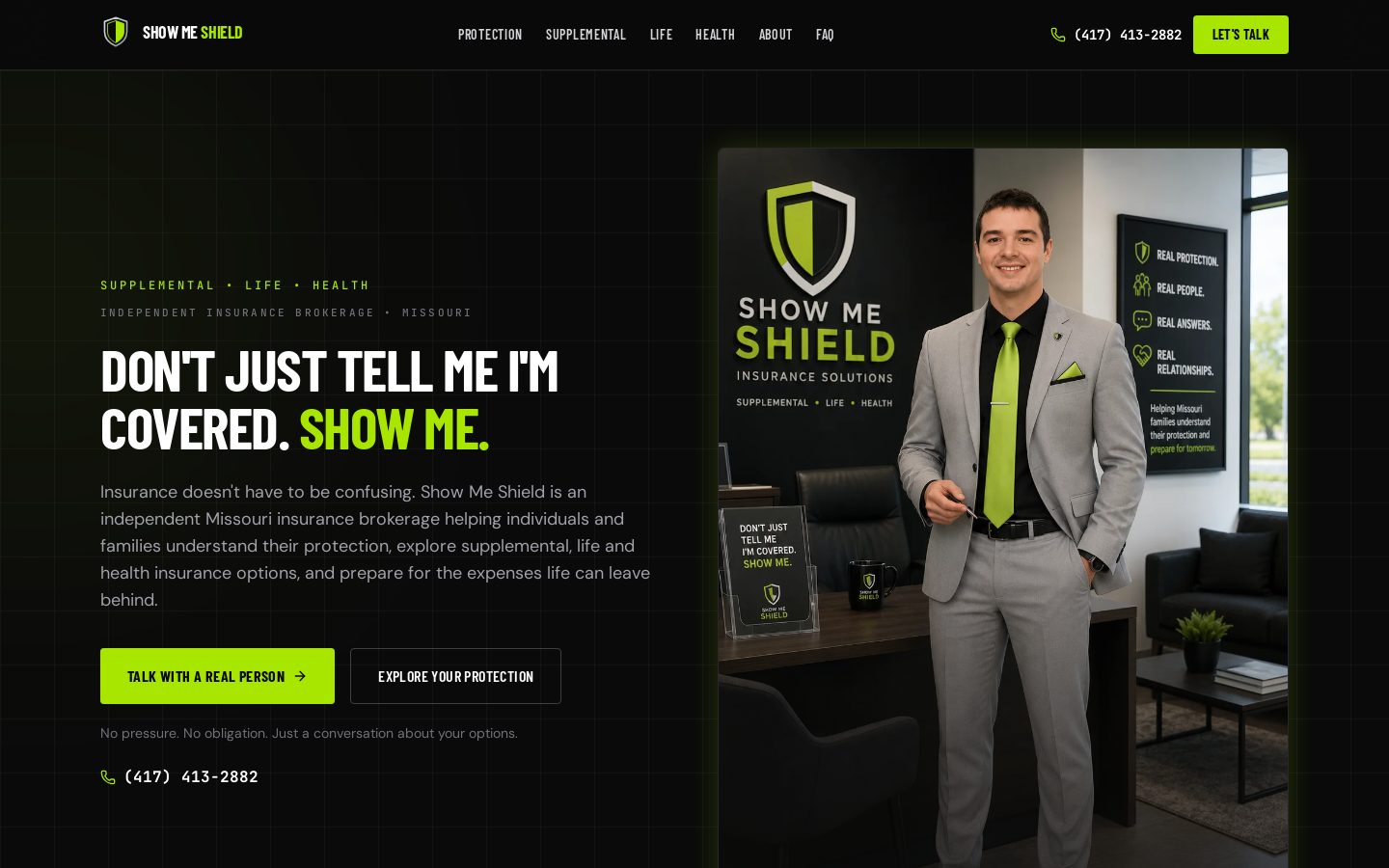 Show Me Shield home page: headline 'Don't just tell me I'm covered. Show me.' with call-to-action buttons