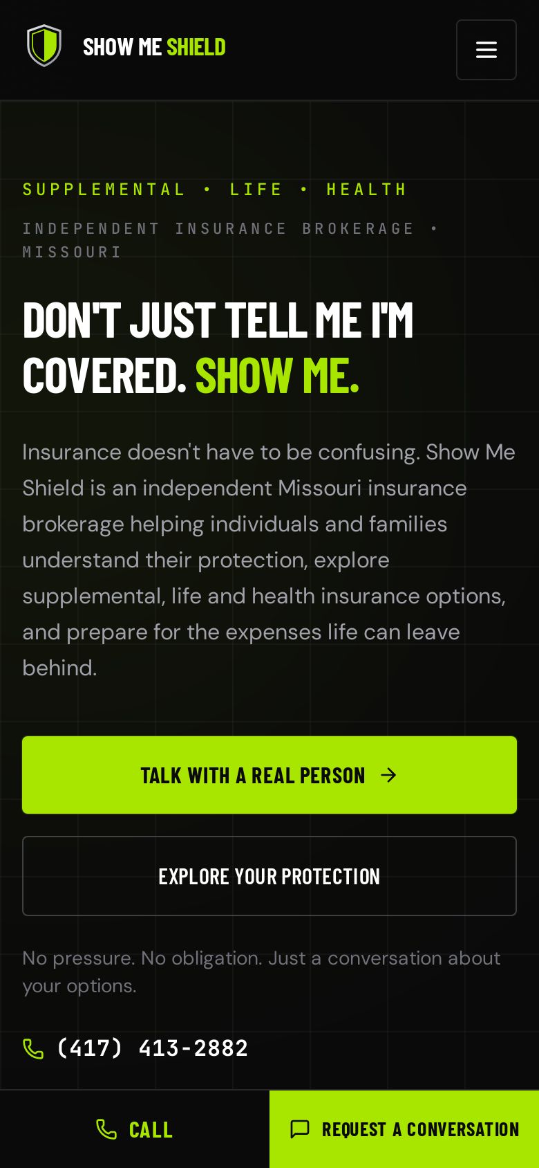Show Me Shield mobile home page with a sticky call and request-a-conversation bar
