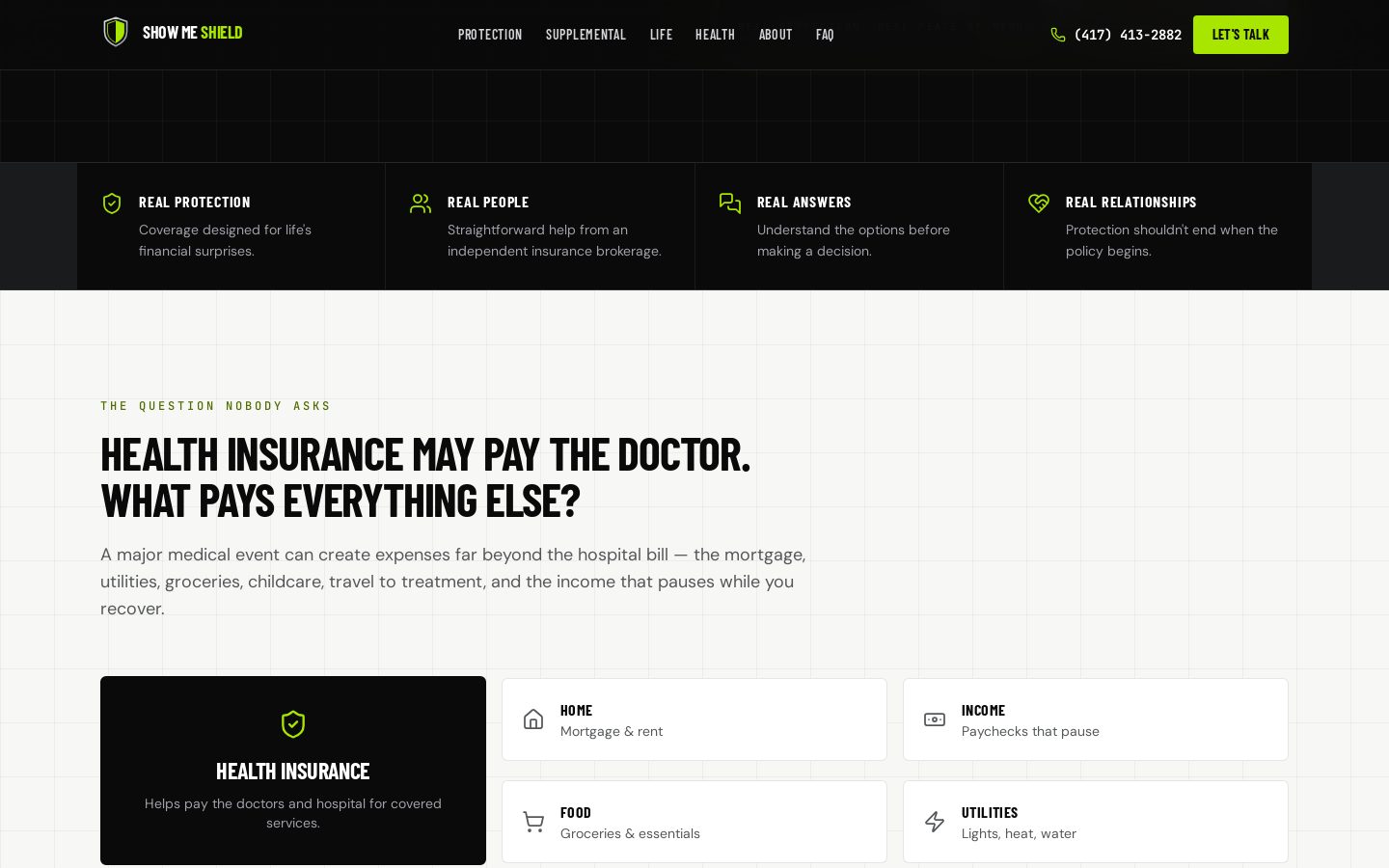 Show Me Shield section explaining what health insurance pays for and what it doesn't, with home, income, food and utilities cards