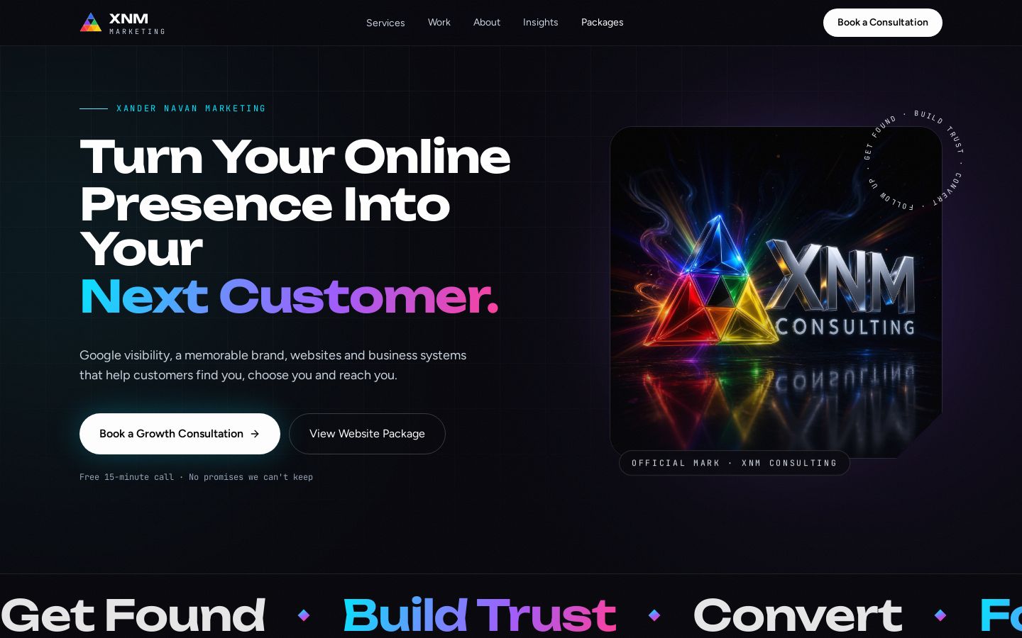 XNM Marketing home page with the headline Turn Your Online Presence Into Your Next Customer